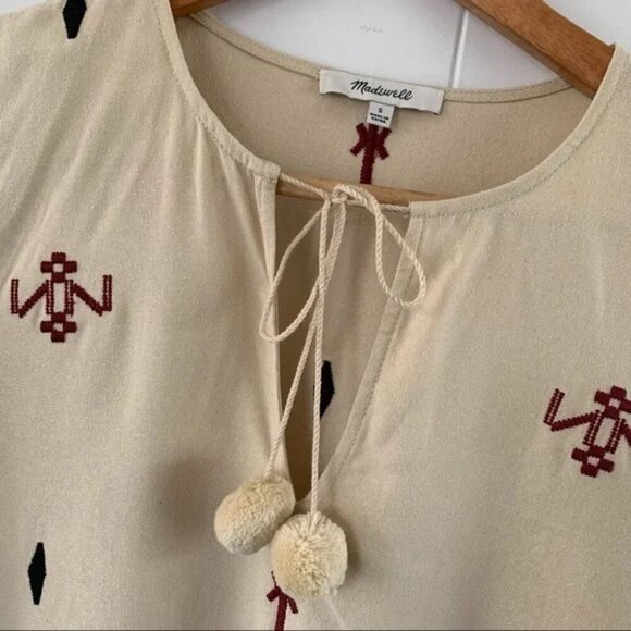 Madewell Embroidered Fringe Top Pom Pom Boho 100% Silk Cream - S - Picture 5 of 14